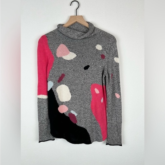 Nic + Zoe Petite Turtleneck Gray Black Pink Abstract Intarsia Sweater Small - Picture 4 of 11